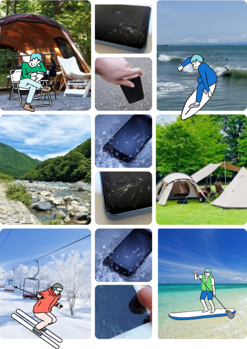 キャンプや海、雪山などアウトドア中にスマホが破損・水濡れするトラブル例